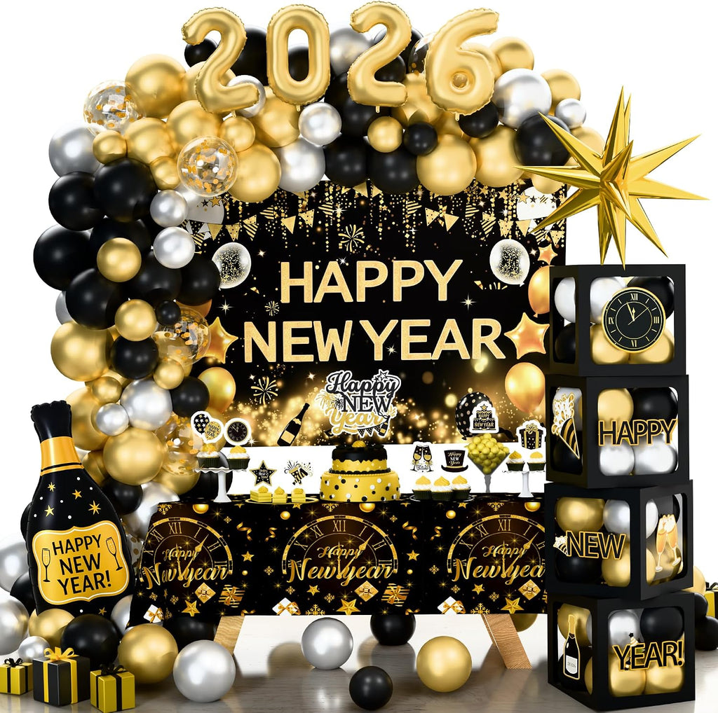 New Year Party Decorations 2026, Happy New Year's Eve Party Supplies Kit, 2026 Gold Black New Year Party Decor with