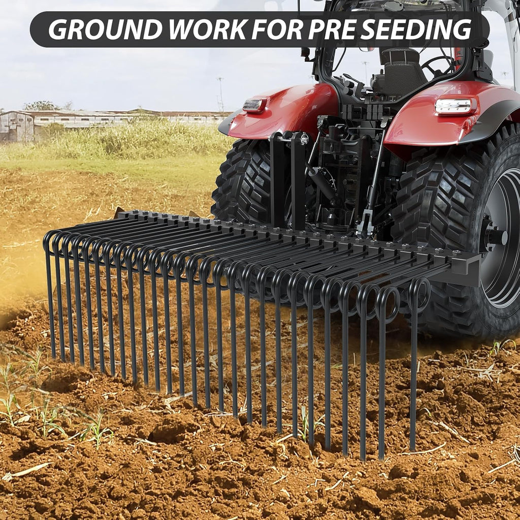 60" Durable Powder Coated Steel Pine Straw Rake, Steel Spring Landscape Rake for Leaves, Pine Needles, Straw, and