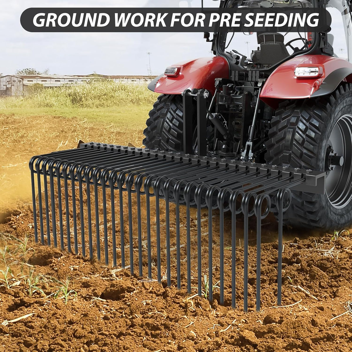 60" Durable Powder Coated Steel Pine Straw Rake, Steel Spring Landscape Rake for Leaves, Pine Needles, Straw, and