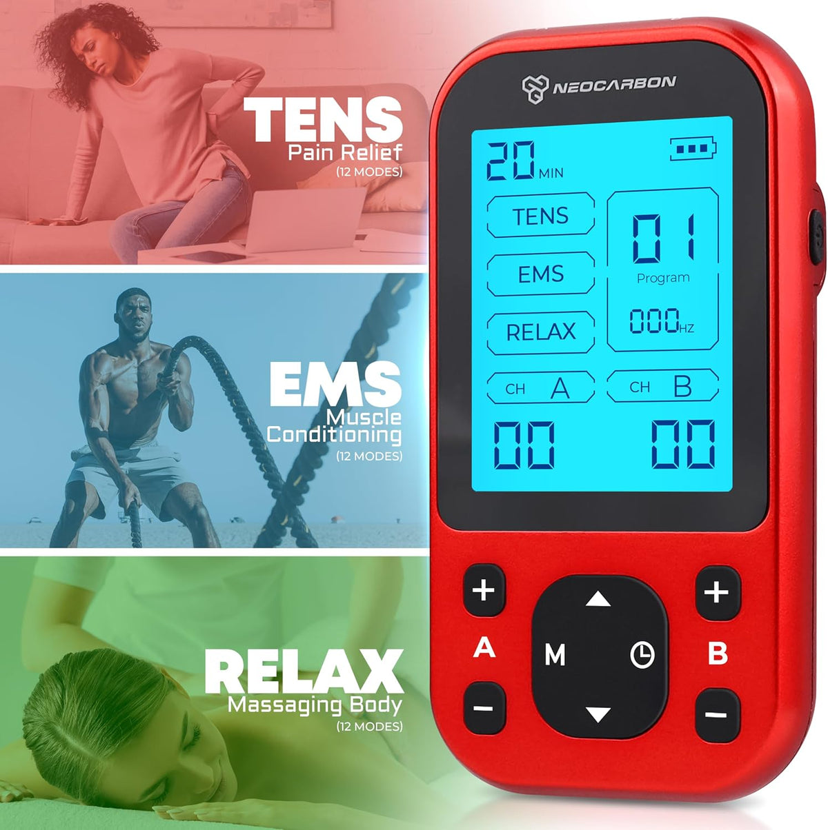 TENS Unit Muscle Stimulator Pro for Back Pain Relief, Red