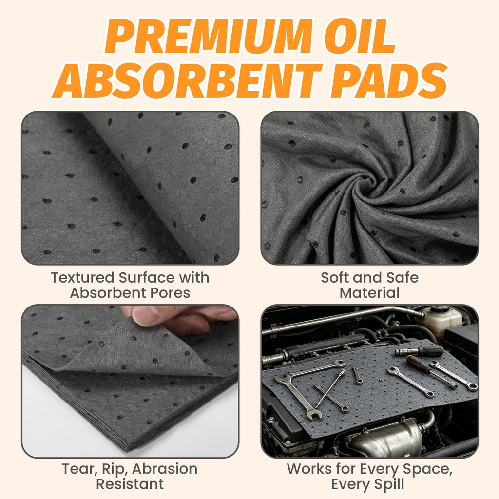 200 Pcs Oil Absorbent Pads, 15" x 20" Heavy Dimpled Garage Absorbing Mat