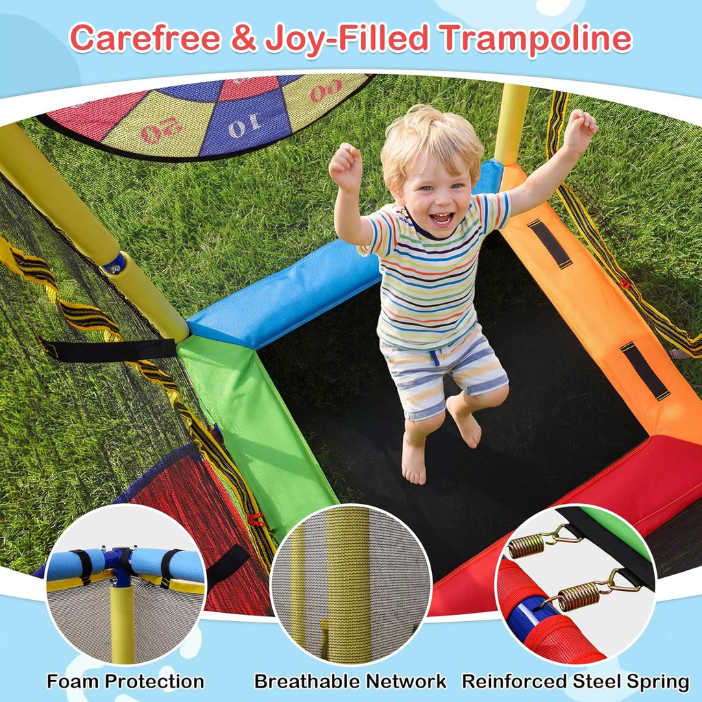 Swing Sets for Backyard, 6 in 1 Outdoor 440LBS Heavy Duty A-Frame Metal Stand with Trampoline, Slide, Saucer Swing