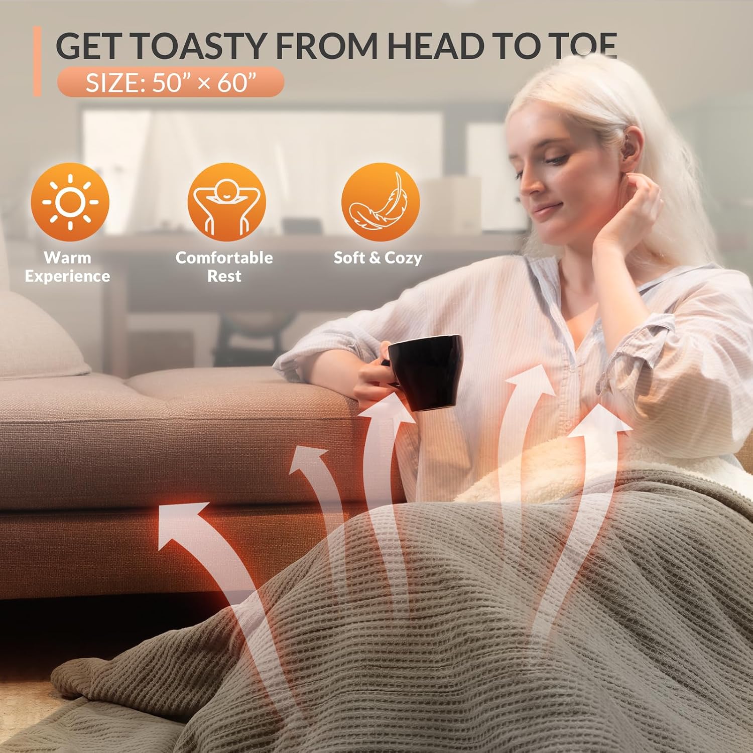 Heated Throw Blanket, 5 Heat Settings, 3 Hours Timer, Grey | 50" x 60", fast heating, ETL certified, NTC & PTC