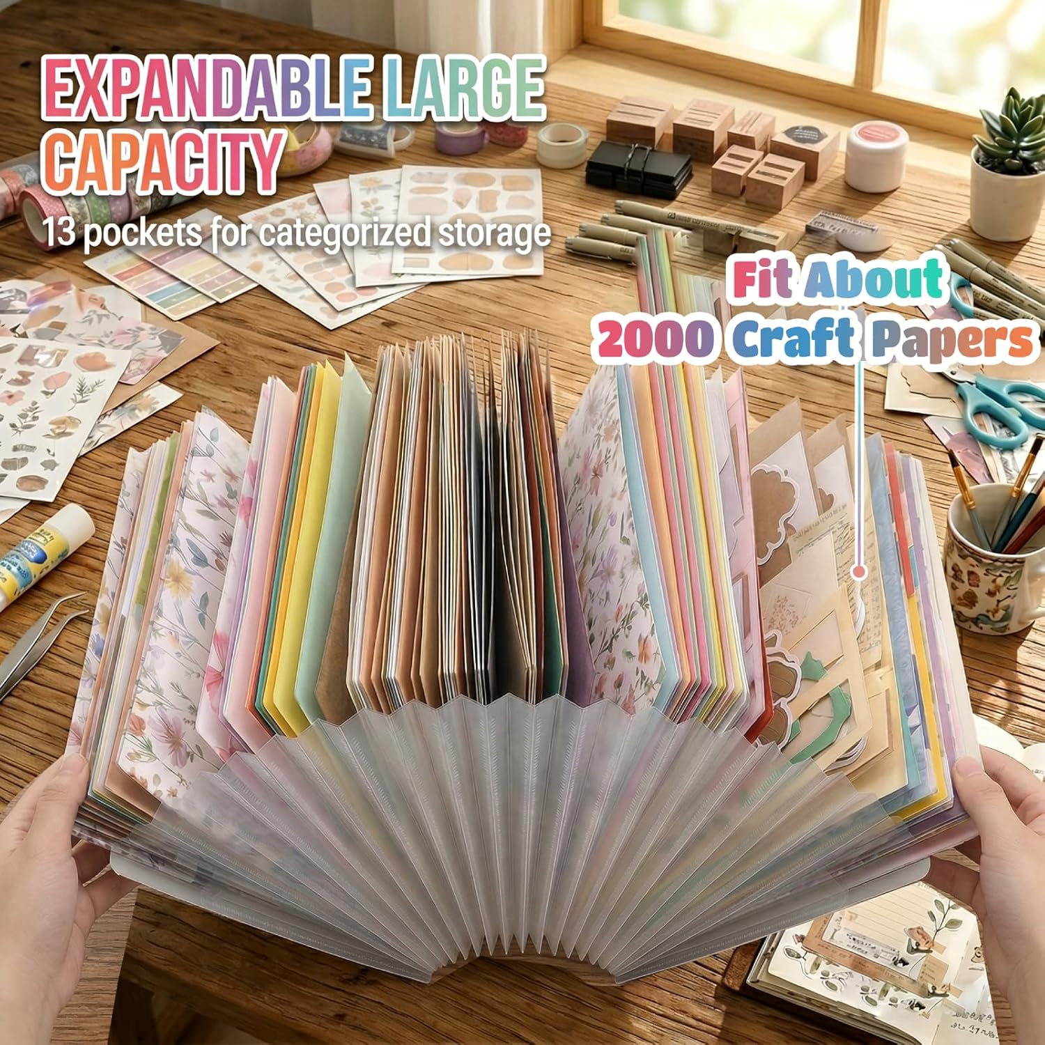 12x12 Scrapbook Paper Storage Organizer with 13 Expandable Pocket, Large Scrapbook Storage for Craft Room