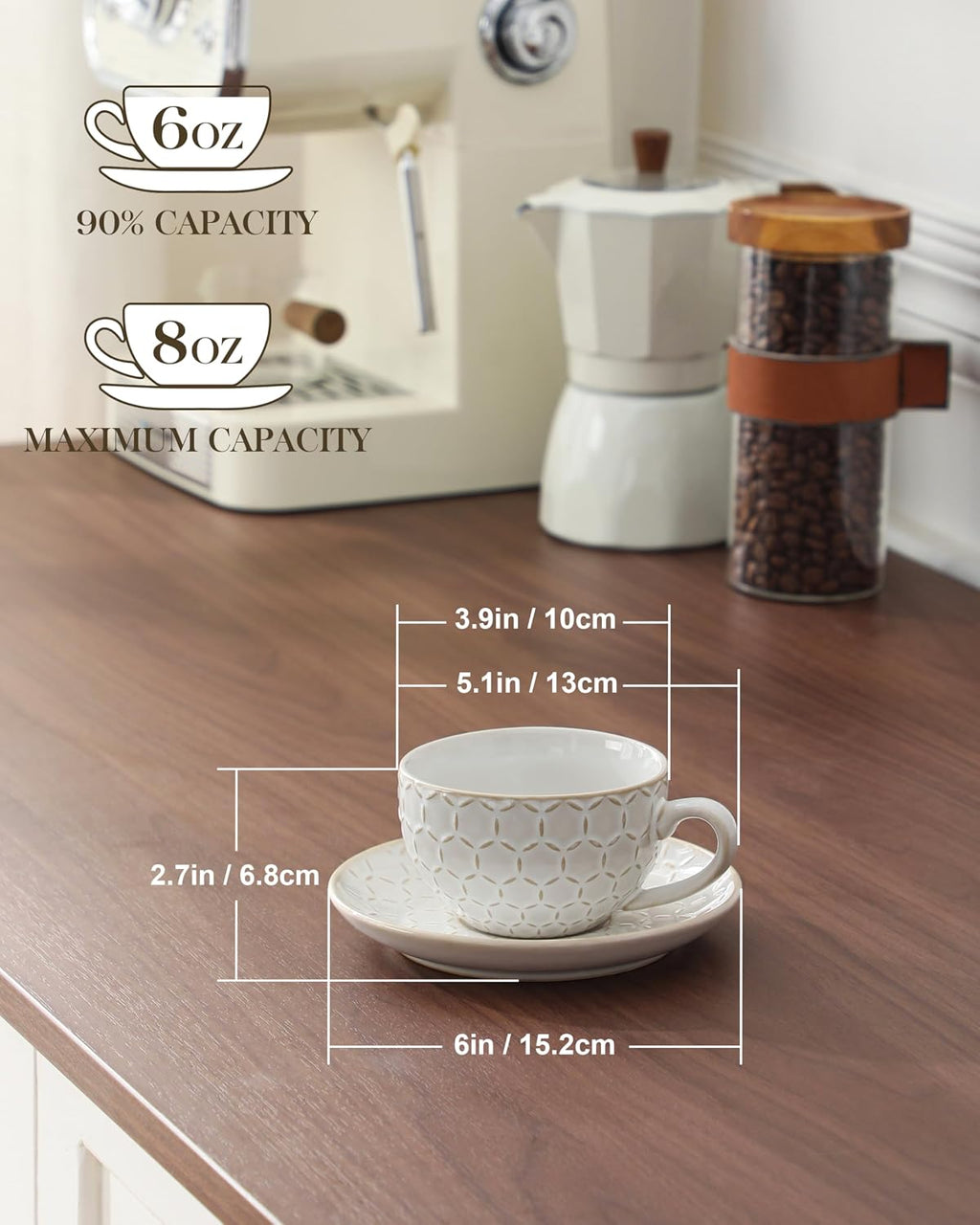 8 OZ Cappuccino Cups with Saucers, Embossed Latte Mugs Set of 4