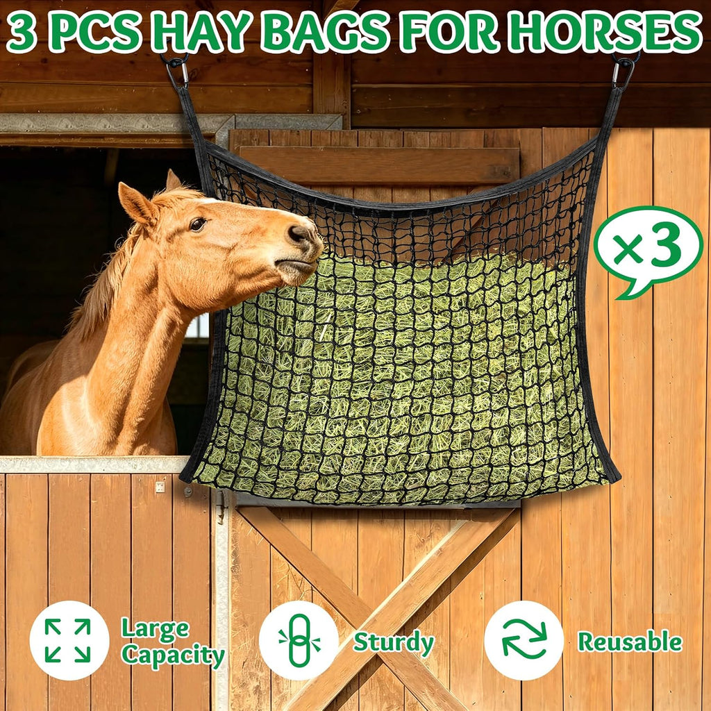 3 Pcs Hay Bags for Horses, Slow Feed Hay Nets for Horses Goat Sheep, Large Capacity Hay Feeder for Stall, Trailer
