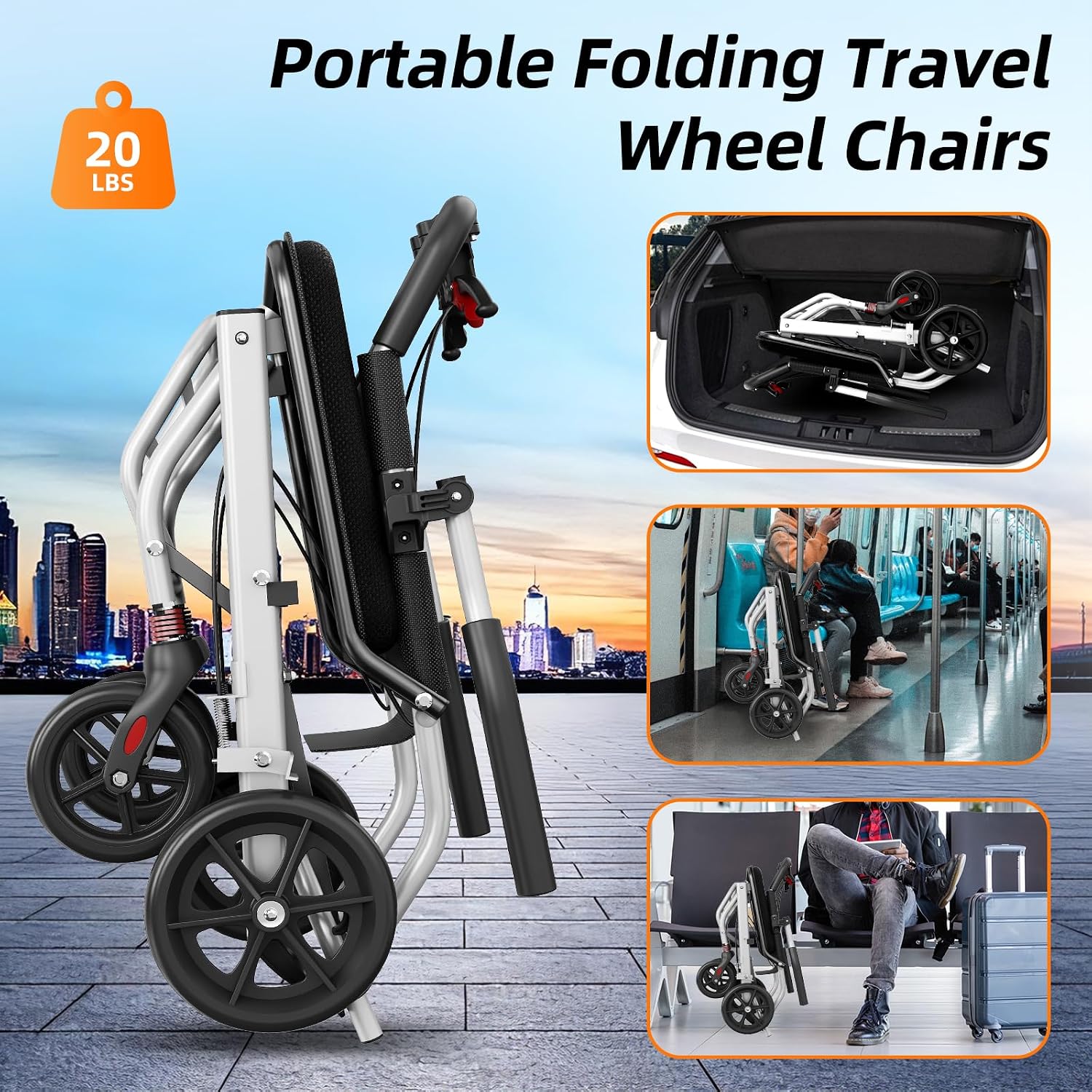 Lightweight Foldable Transport Wheelchair, Portable Travel Wheelchair