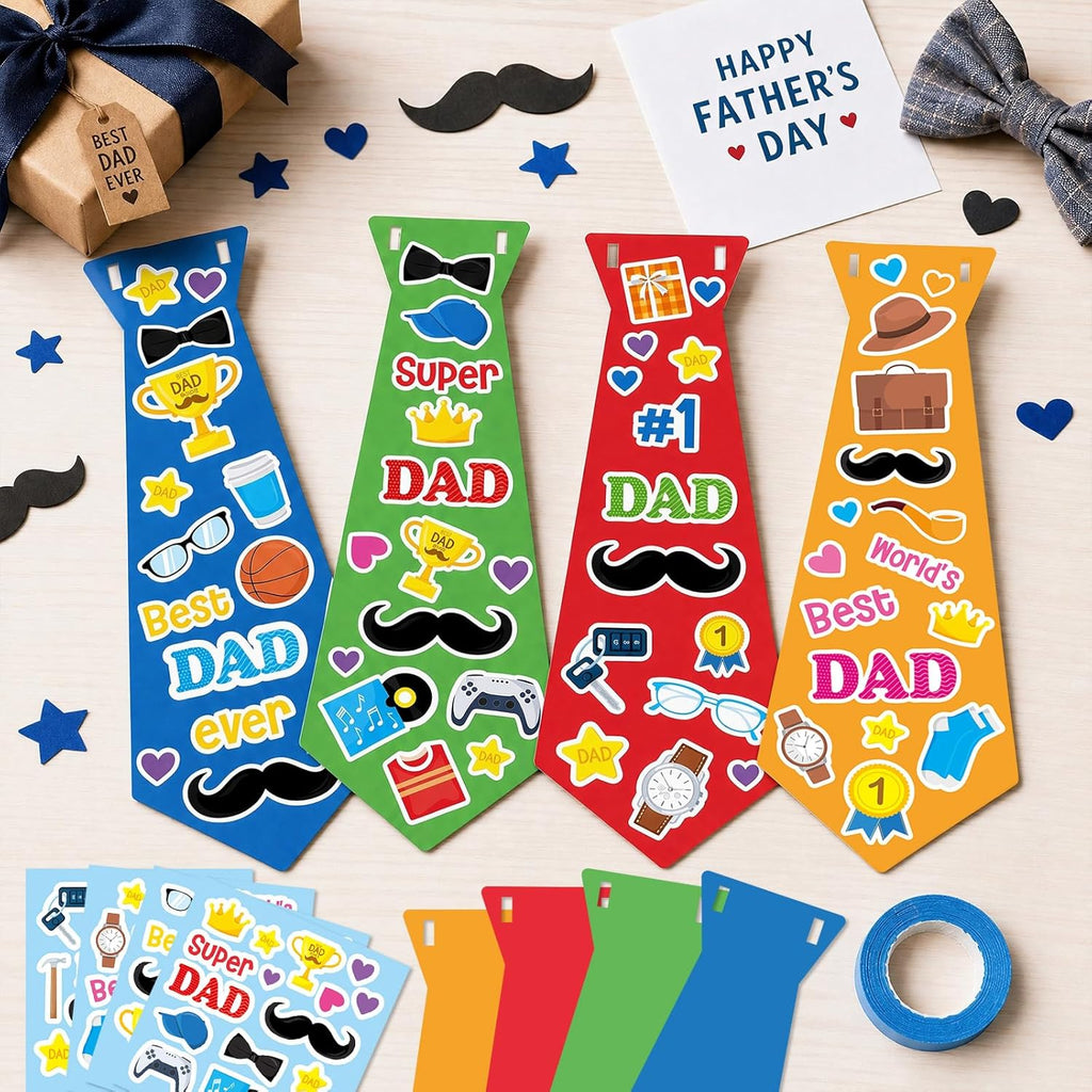 24 Set Father's Day Craft Kit for Kids Father's Tie Greeting Card with Stickers Best Dad Ever DIY Art Crafts Card