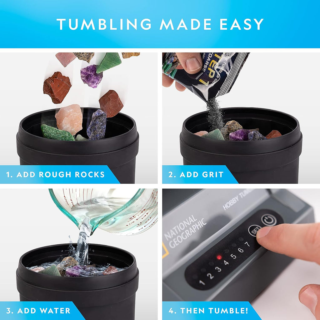 National Geographic Hobby Rock Tumbler Kit for Kids and Adults Ages 8+ | Rough Gemstones, 4 Polishing Grits, Rock