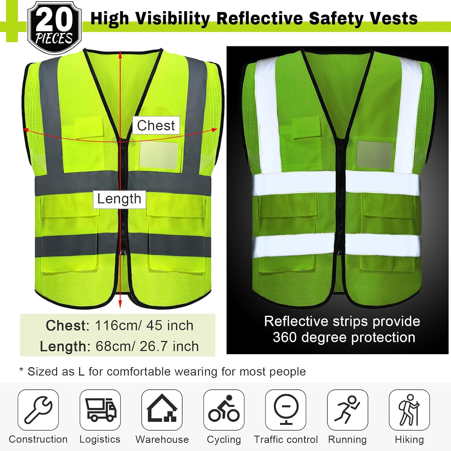 20 Pack Reflective Safety Vests with Pockets, High Visibility Mesh Construction Vest for Men Women, Neon Yellow, Size L