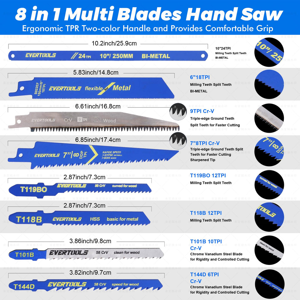 EVERTOOLS 8-in-1 Multi-Blade Hand Saw with 8 Replaceable Blades