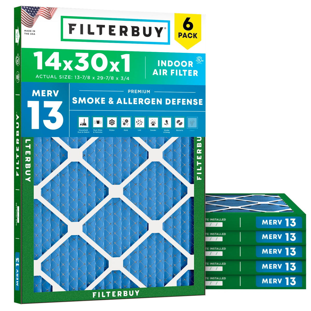 14x30x1 Air Filter MERV 13 Smoke & Allergy Defense (6-Pack)