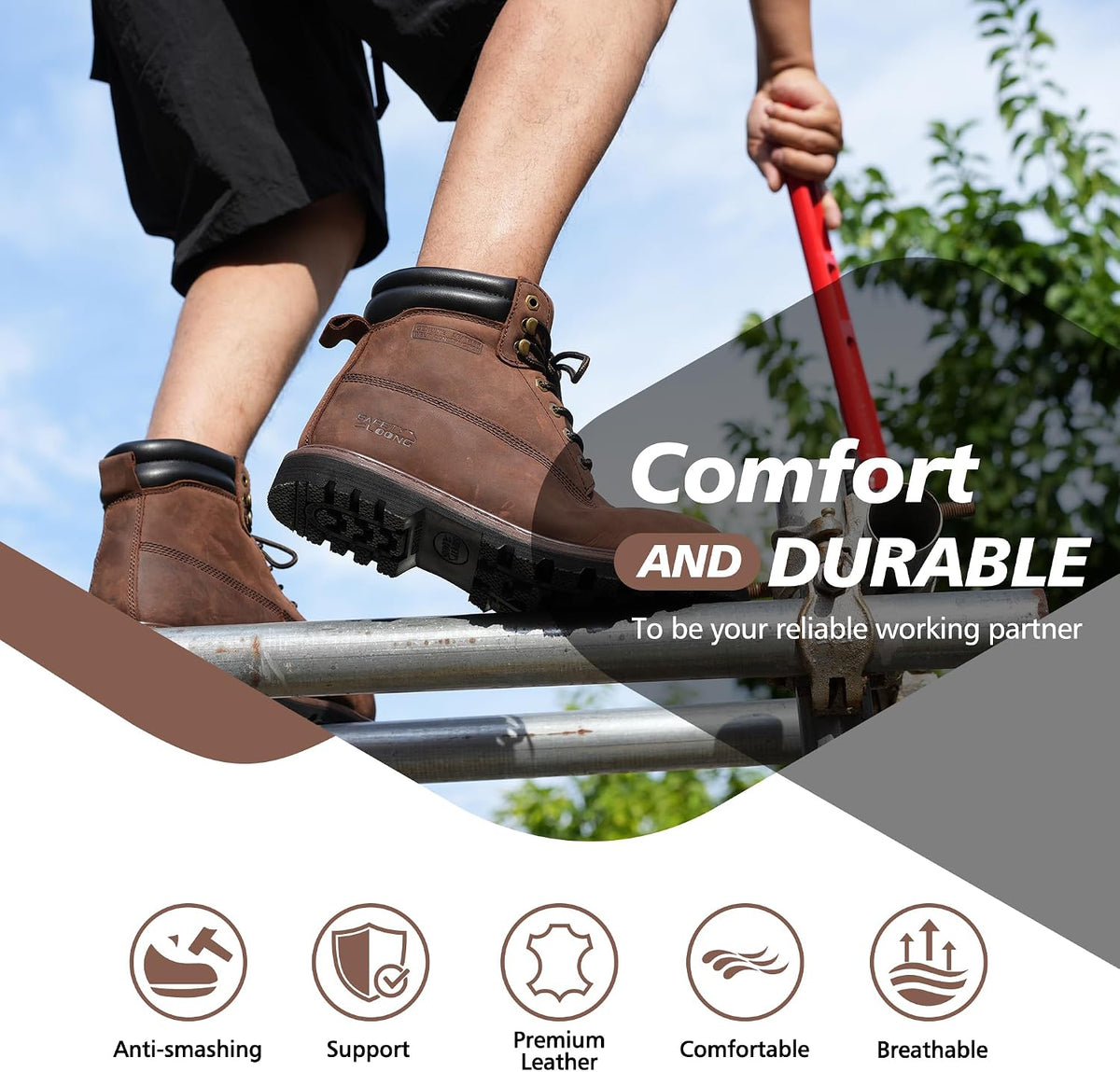 Steel Toe Work Boots for Men, 6-Inch Non Slip Comfortable Leather Waterproof Industrial Construction Safety Workboots