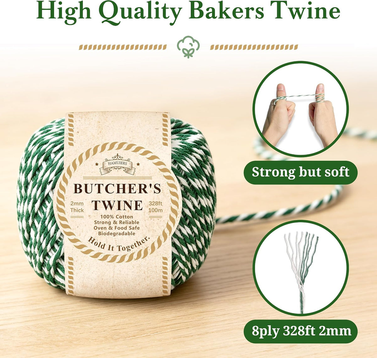 Cotton Twine 328 Feet, Bakers String for Craft, Gift Wrapping (White Green)