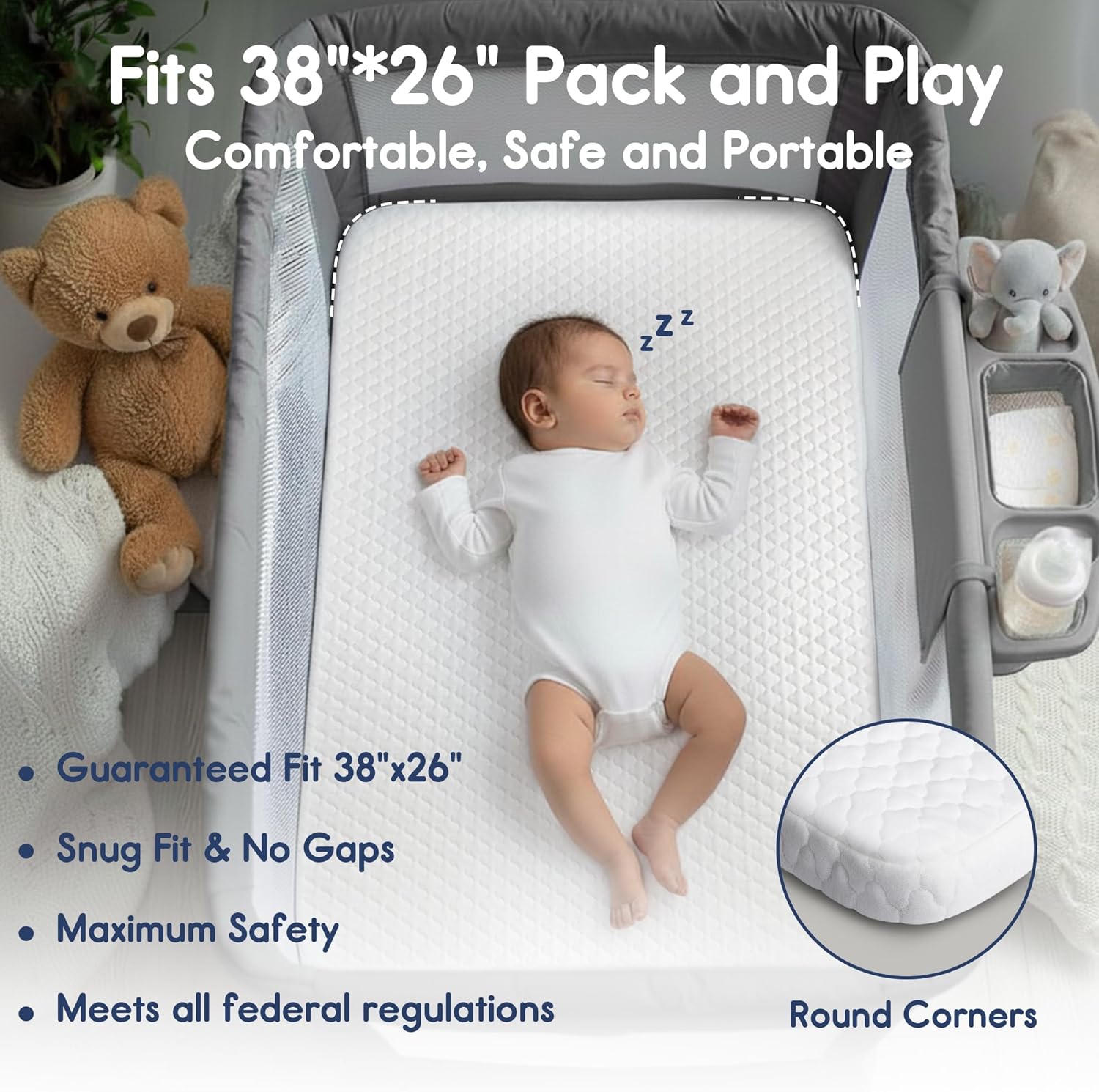Waterproof Pack and Play Mattress 38"x26" for Babies White | Pack n Play Mattress Pad with Carry Bag, Firm Playard