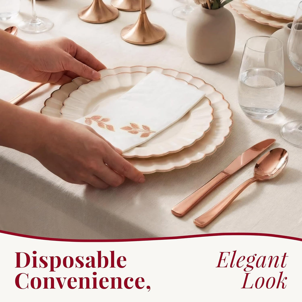 HEAVYWEIGHT Scalloped Rose Gold Disposable Dinnerware Set 175 Pc