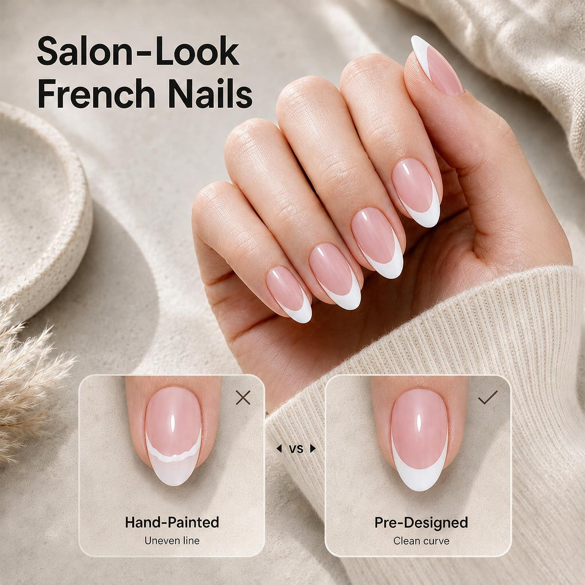 Beetles French Tip Press On Nail Kit- Short Almond 224Pcs Pink