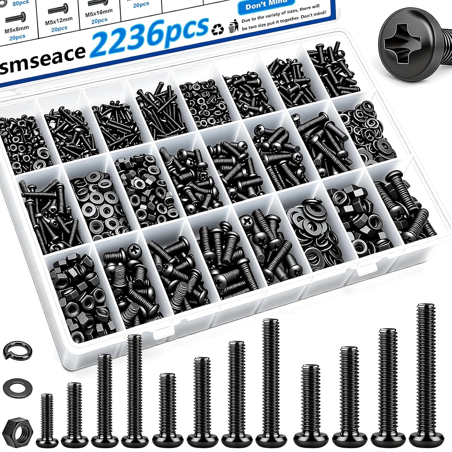 2236Pcs Metric Screws Assortment Kit 32-Sizes M2/M3/M4/M5/M6 Nuts and Bolts Assortment Kit for Machinery, Furniture
