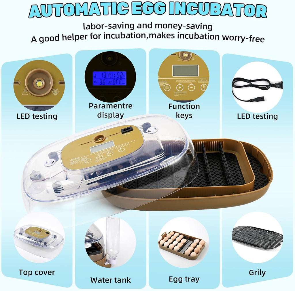 24 Eggs Incubator with Auto Water Refill & Humidity Control, Automatic Egg Turner, Built-in LED Candler, Species