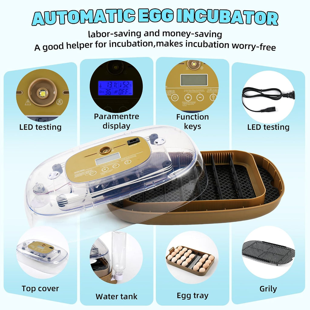 24 Eggs Incubator with Auto Water Refill & Humidity Control, Automatic Egg Turner, Built-in LED Candler, Species