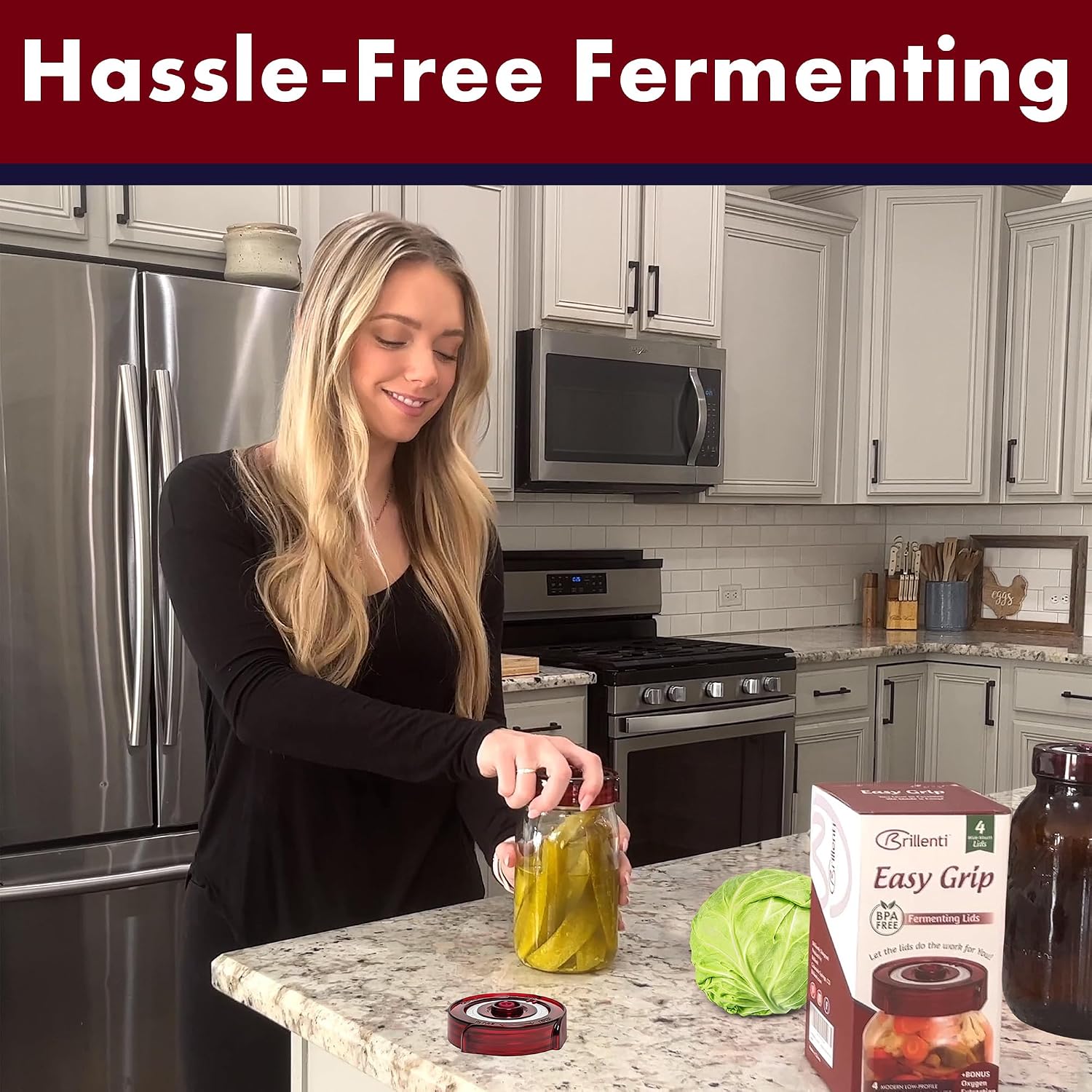 Fermenting Lids for wide mouth mason jars. 4 waterless airlock fermentation lids kit. Easy Grip fermenter lid with