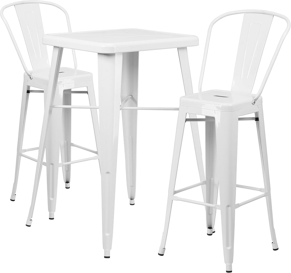 Commercial Grade 23.75" Square White Metal Indoor-Outdoor Bar Table Set with 2 Stools with Backs