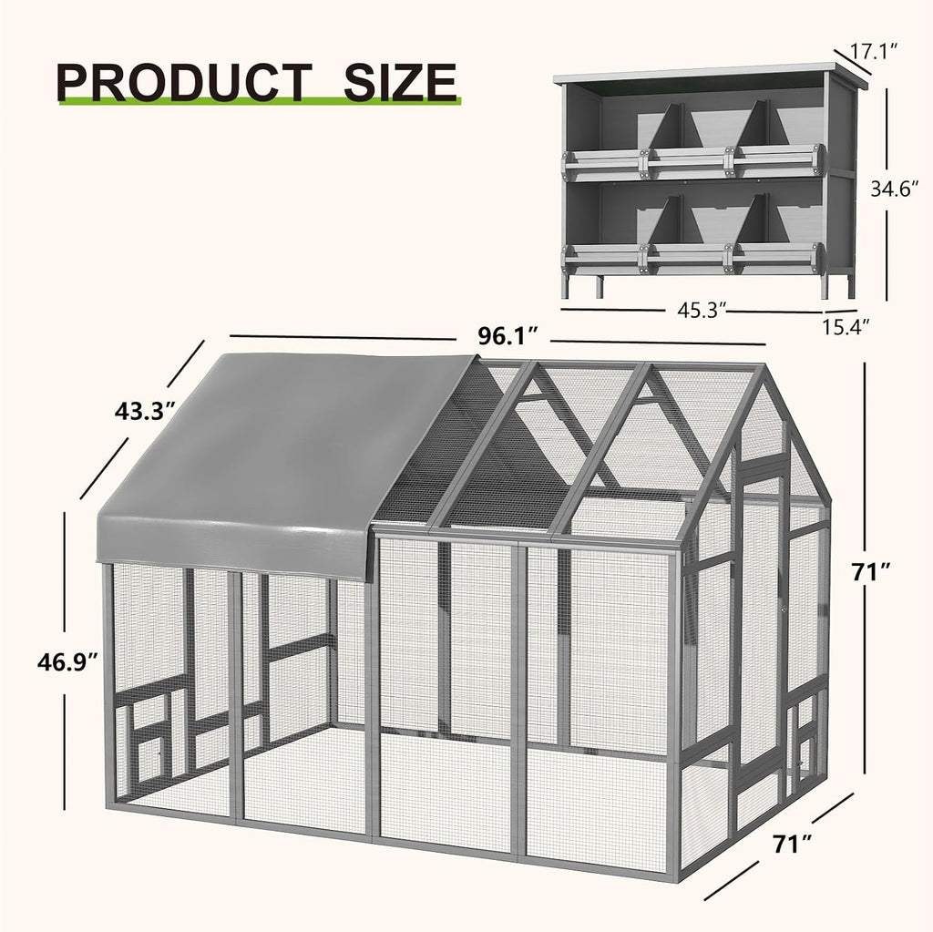 Large Wood Chicken Coop with Nesting Box for10-12 Chickens, Gray