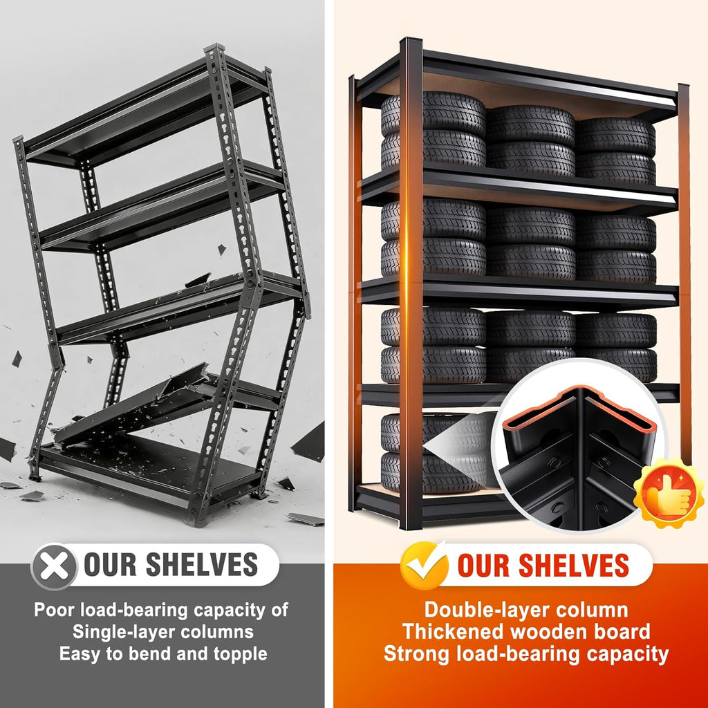 71.2"H Storage Shelves, 5 Tier Adjustable Wood Garage Shelving, Utility Tall Metal Shelving Unit, Easy to install
