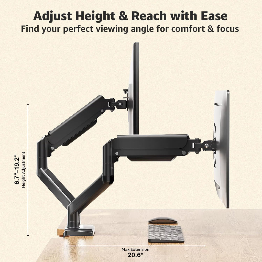 Dual Monitor Arm Desk Mount – Adjustable Gas Spring Monitor Stand for 13”–34” Screens, Full Motion Swivel, Tilt &