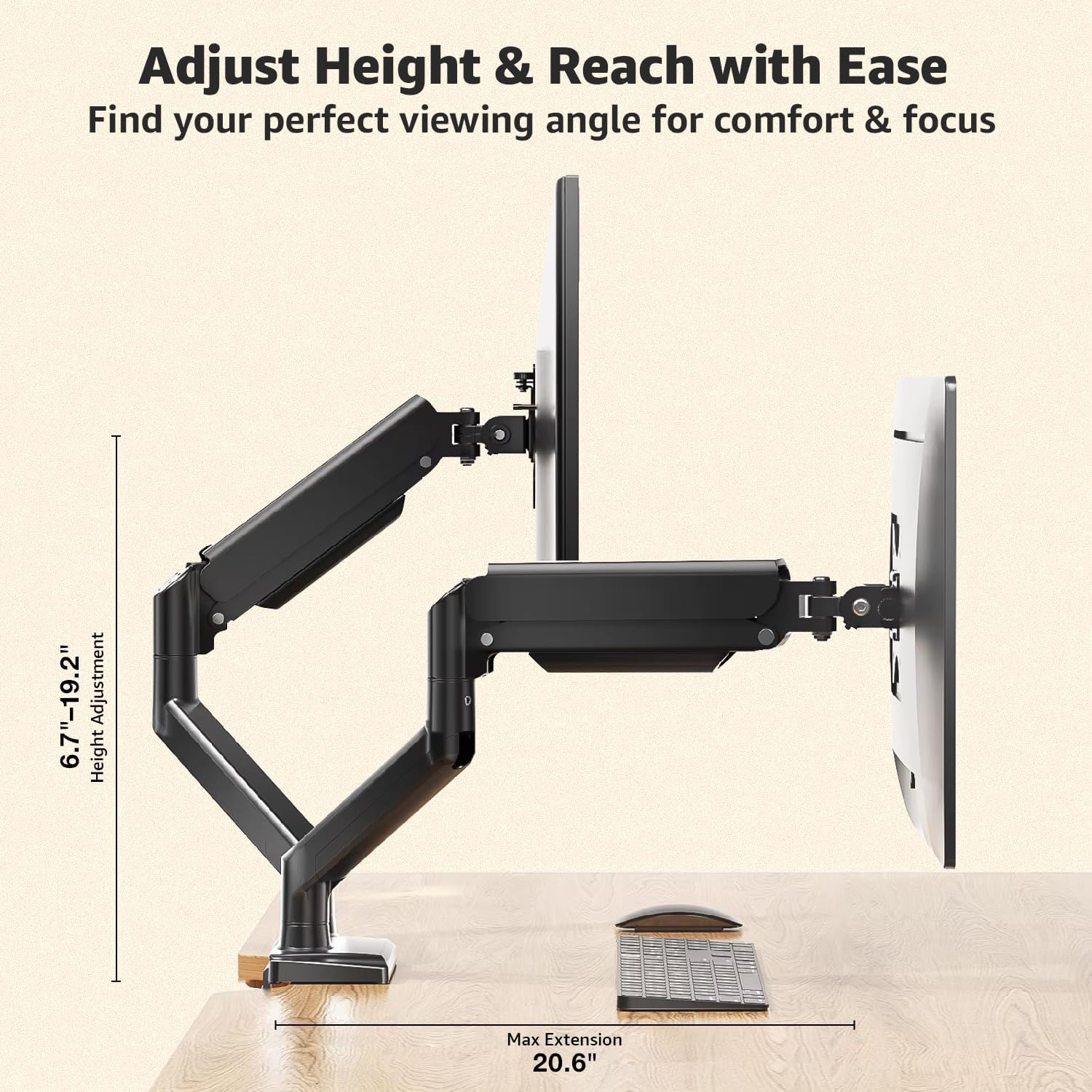 Dual Monitor Arm Desk Mount – Adjustable Gas Spring Monitor Stand for 13”–34” Screens, Full Motion Swivel, Tilt &