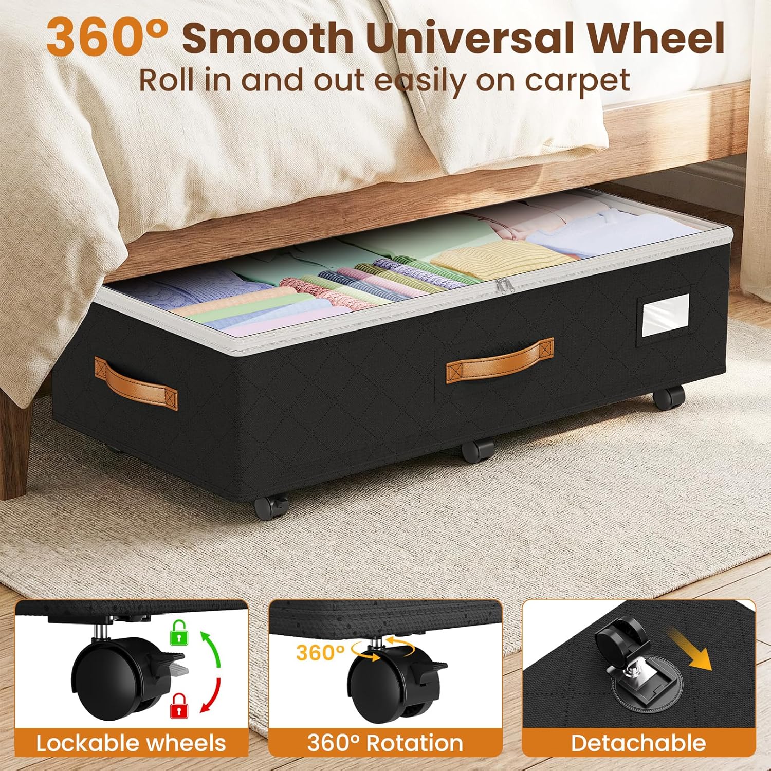 Under Bed Storage with Wheels 2Pack, 80L Height Adjustable Underbed Containers with Clear Lids, Rolling Under Bed