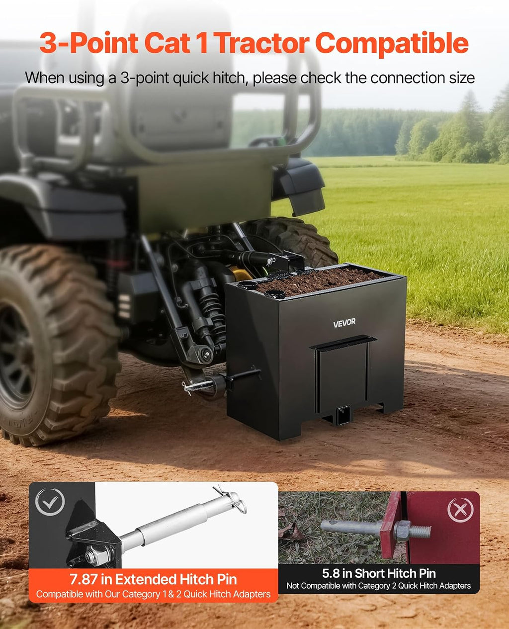 Ballast Box, 3-Point Category 1 Tractor Ballast of 800 lbs Capacity, with Standard 2 Inch Hitch Receiver, Heavy-Duty