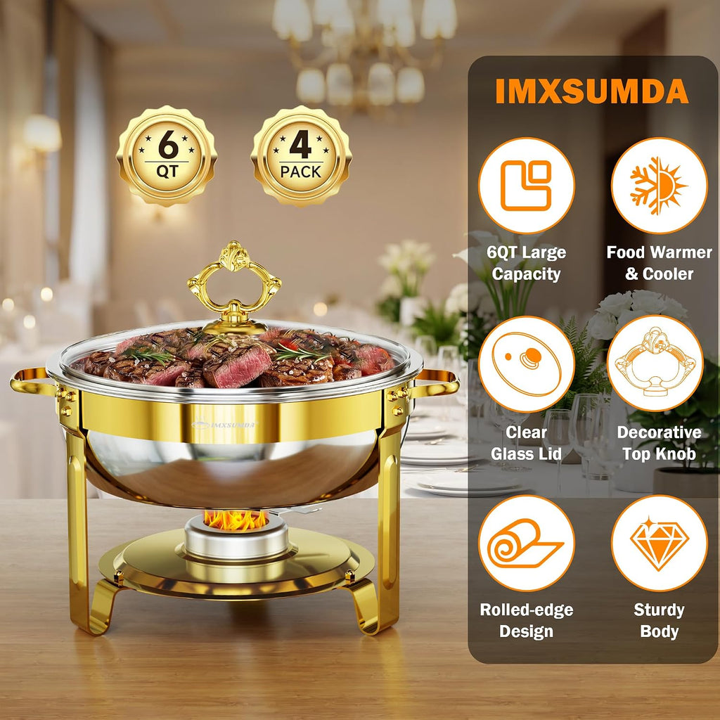 6QT 4 Pack Round Chafing Dishes for Buffet with Glass Lid, Gold | Stainless Steel Chafing Dish Set, Buffet Servers