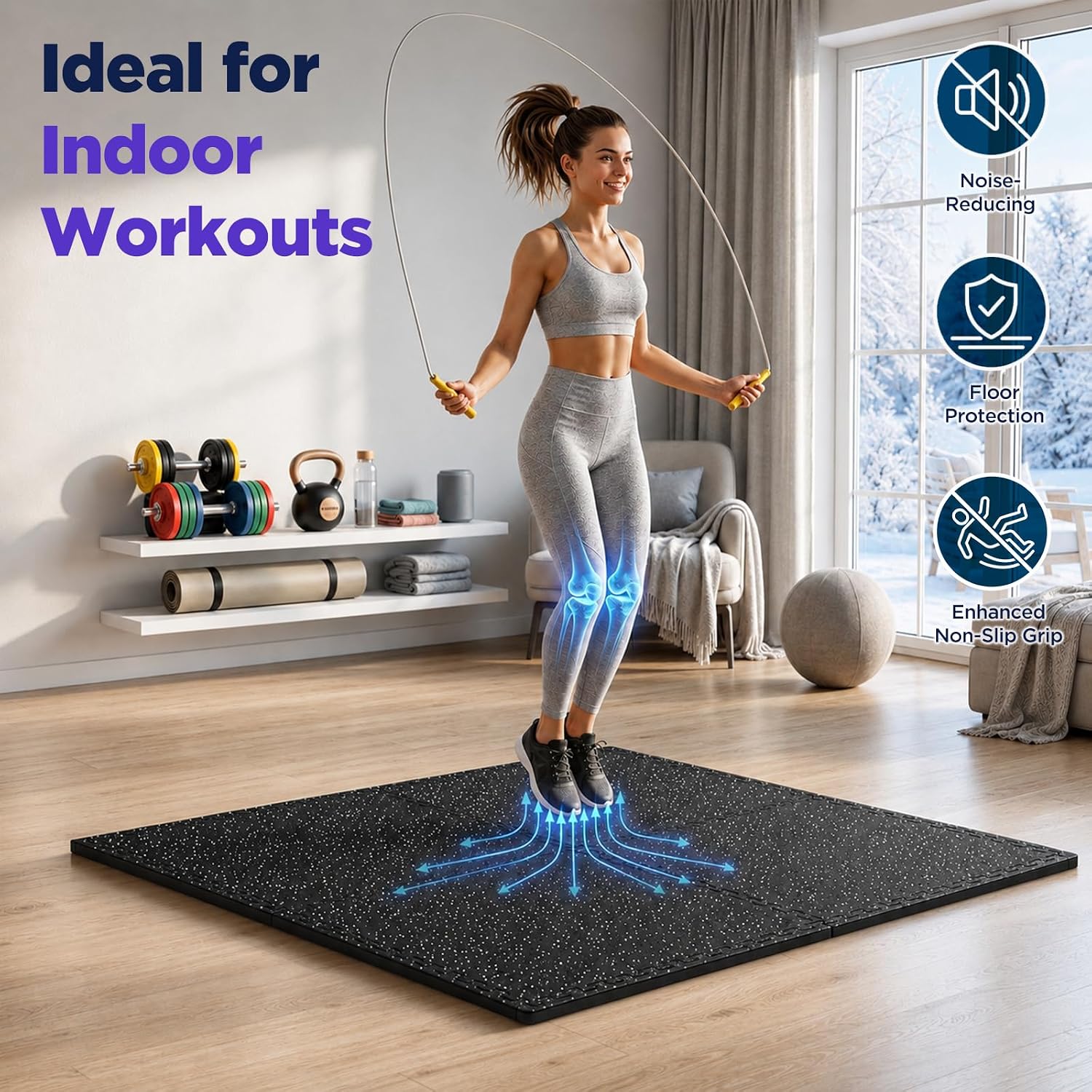 96 Sq Ft Rubber Top Gym Flooring for Home Gym, 24 Tiles High Density EVA Foam Exercise Equipment Mats, 0.4"