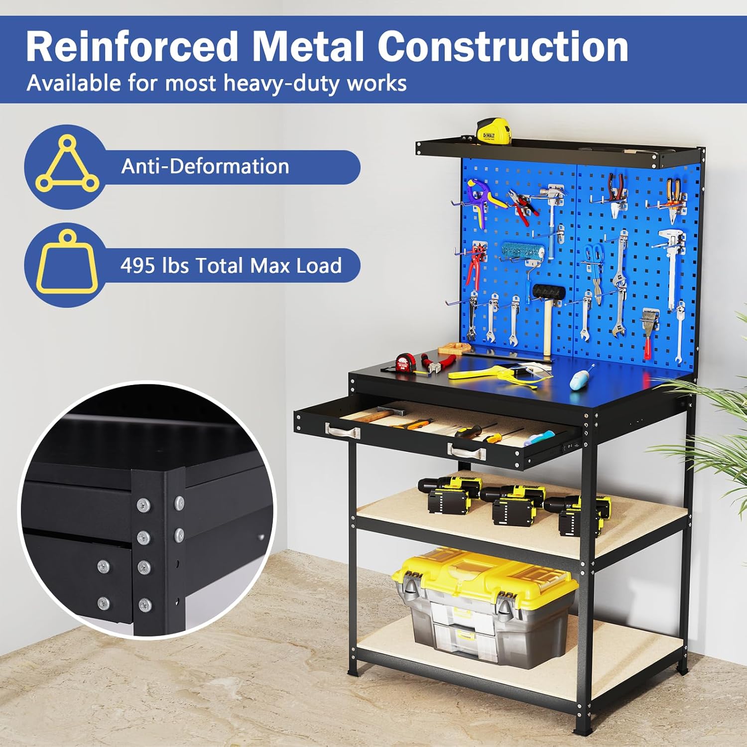 Workbench with Drawer, 32" x 16" Heavy-Duty Work Table with 2 PCS Pegboard & 4 Shelves, 19 Hanging Hooks, 495LBS
