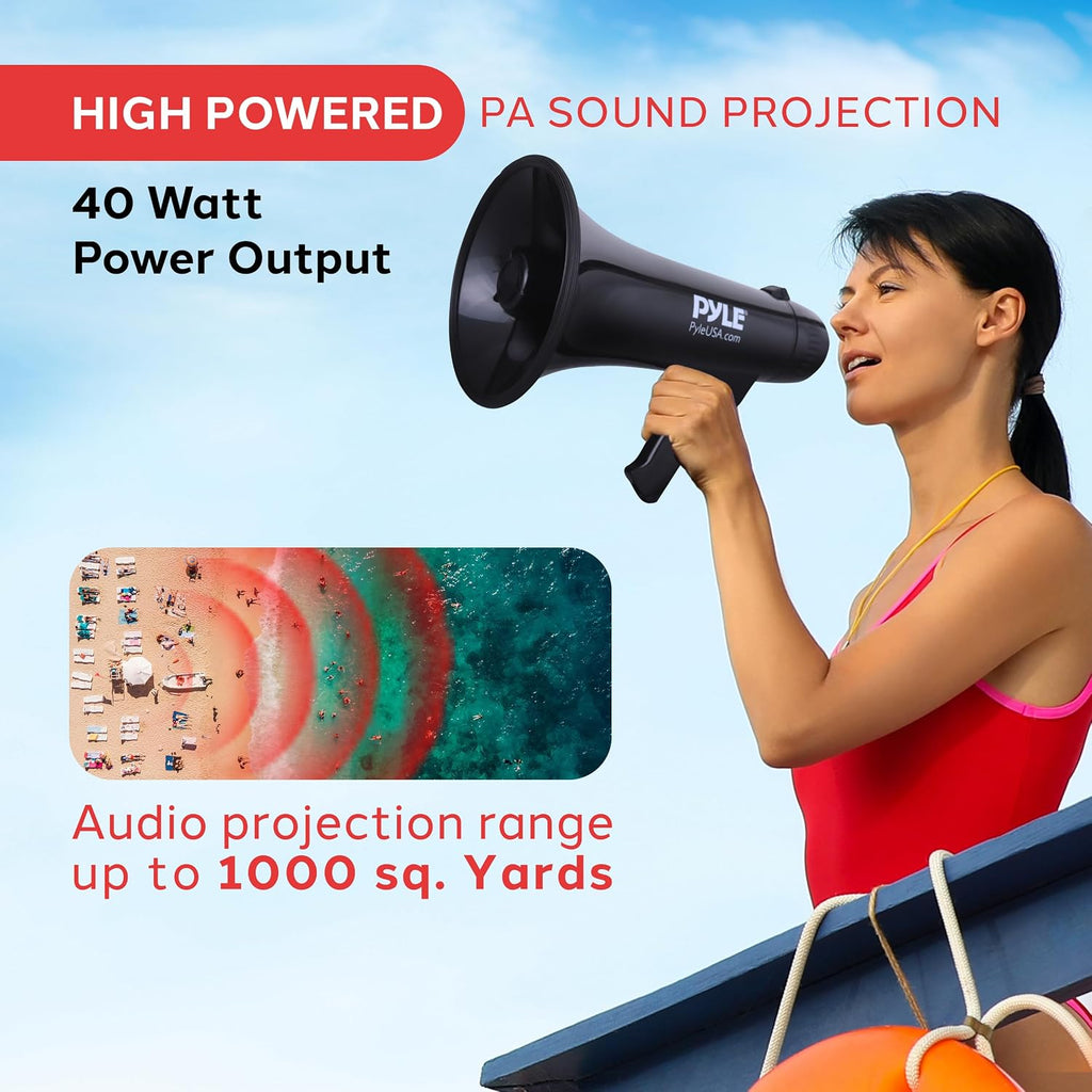 Megaphone Speaker PA Bullhorn - Built-in Siren 40 Watts Adjustable Vol Control & 1000 Yard Range - Football Soccer