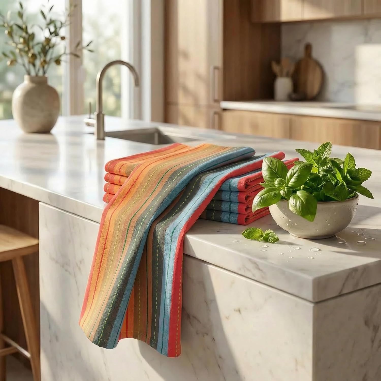Kitchen Towels 100% Cotton Dish Towels for Kitchen (Set of 6) 20"x30" Highly Absorbent Kitchen Linen Set with Hanging