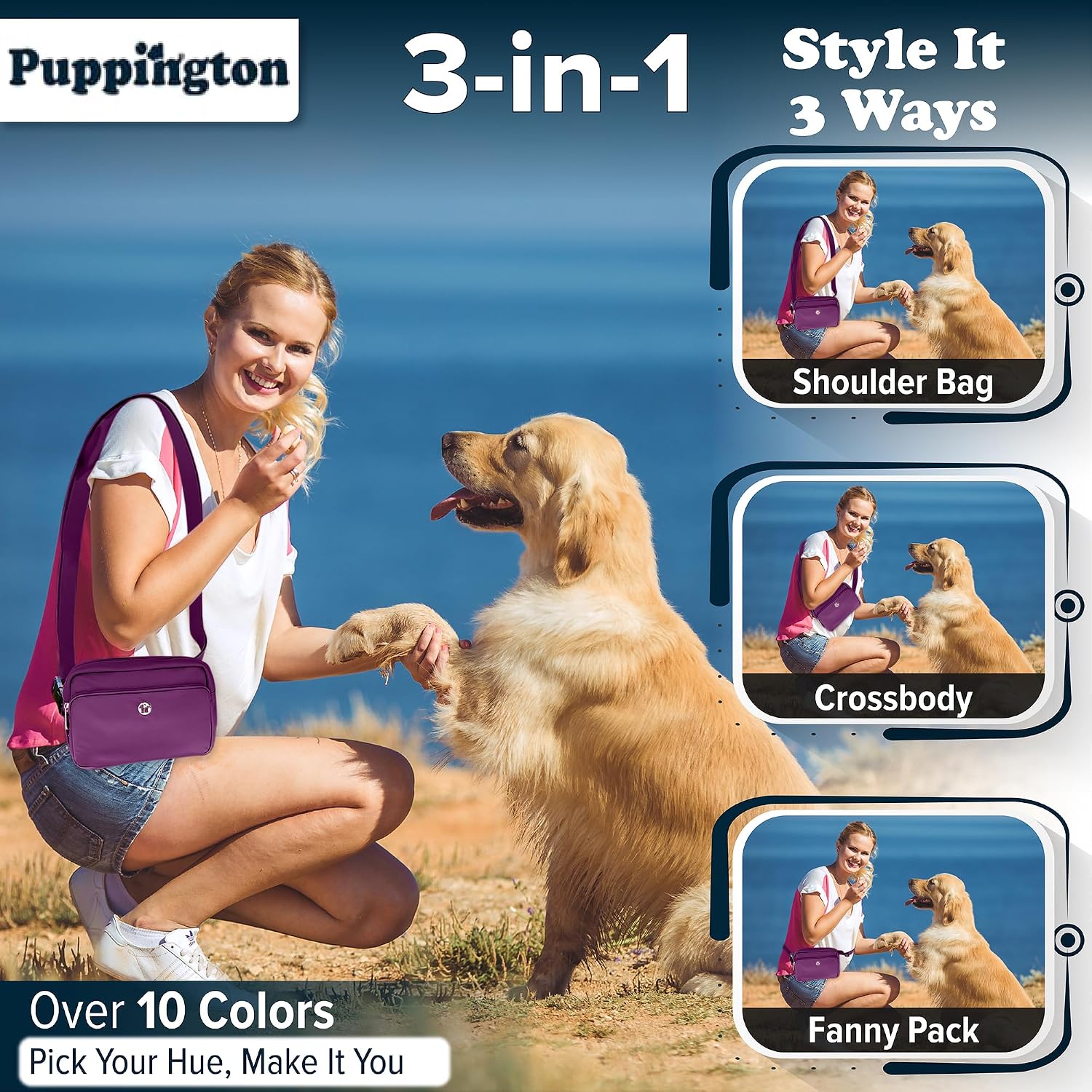 3-in-1 Crossbody Dog Walking Bag & Treat Pouch with Matching Planet Safe Poop Bags & Built-In Dispenser - Dog Mom