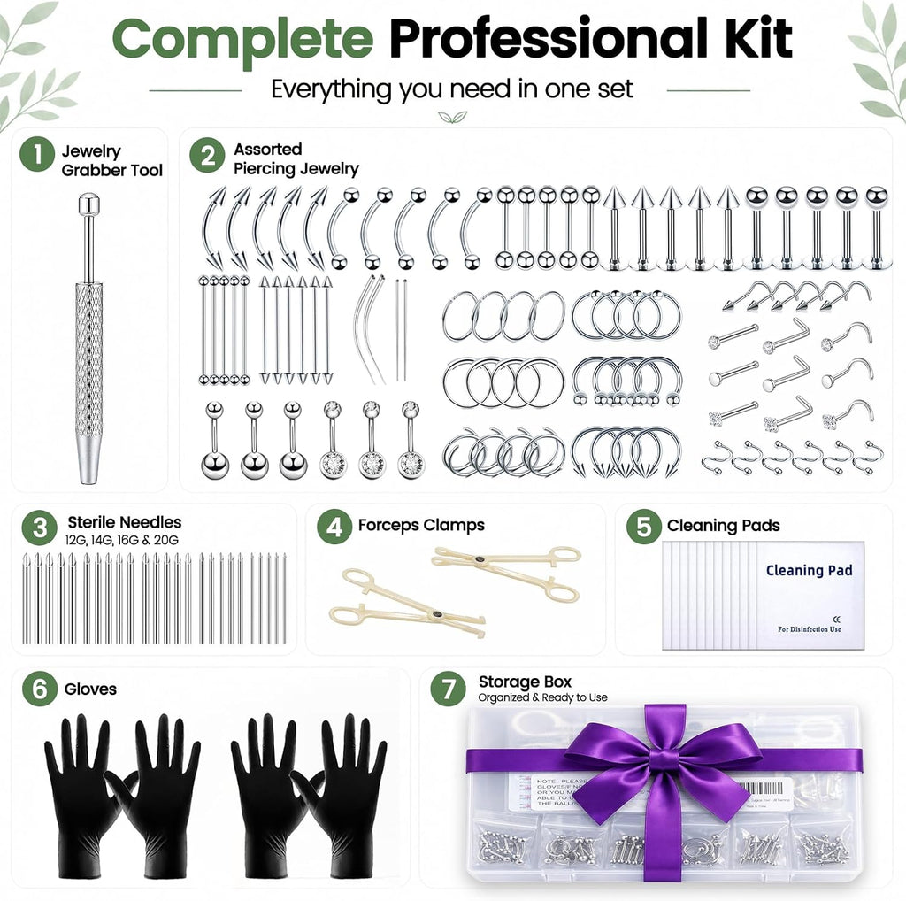 Body Piercing Kit with Piercing Jewelry, Complete 148PCS Set