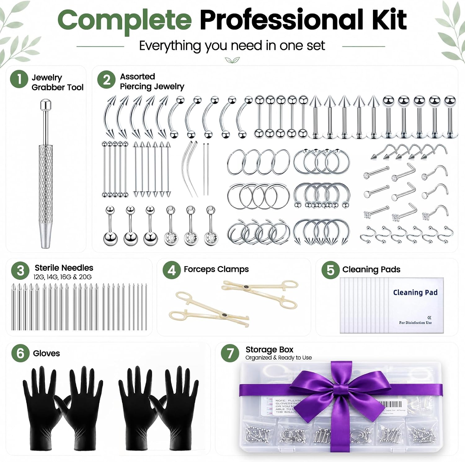 Body Piercing Kit with Piercing Jewelry, Complete 148PCS Set