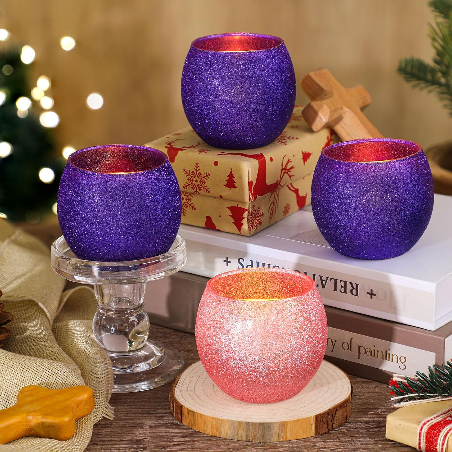 4 Set Christmas Advent Candle Holders Glass Glitter Tealight