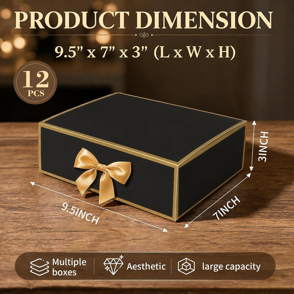 12 Pack Gift Boxes with Lids, Black Boxes for Gifts, 9.5x7x3 in