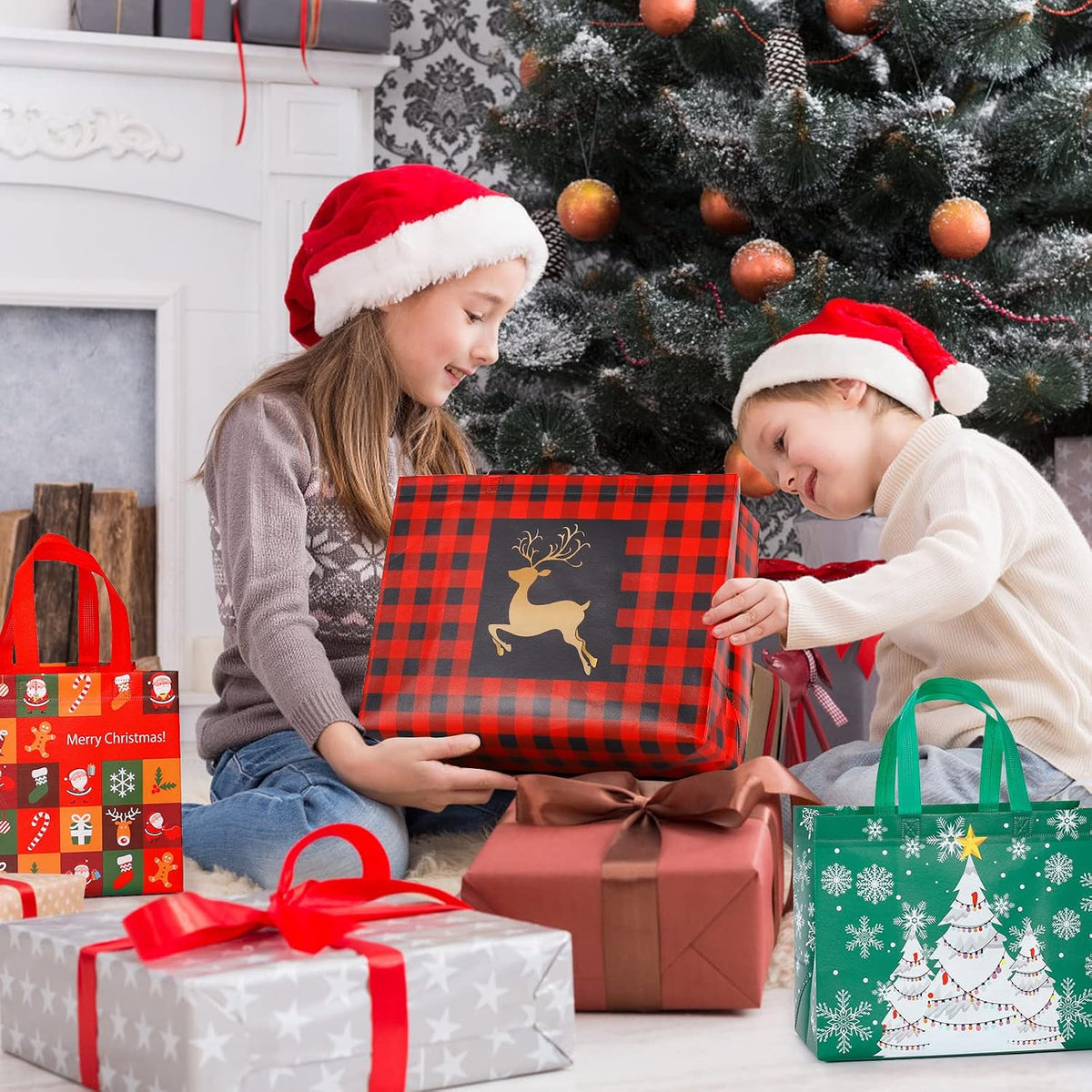 20 Pack Christmas Gift Bags Assorted Sizes, Reusable Tote Bags with Handle, Includes 4 Large 8 Medium 8 Small