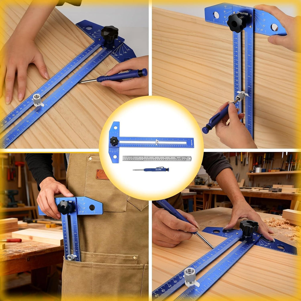 Speed Combination T-Square Woodworking Carpenter Angle Finder Ruler | Includes Carpenter Pencil & Steel Ruler