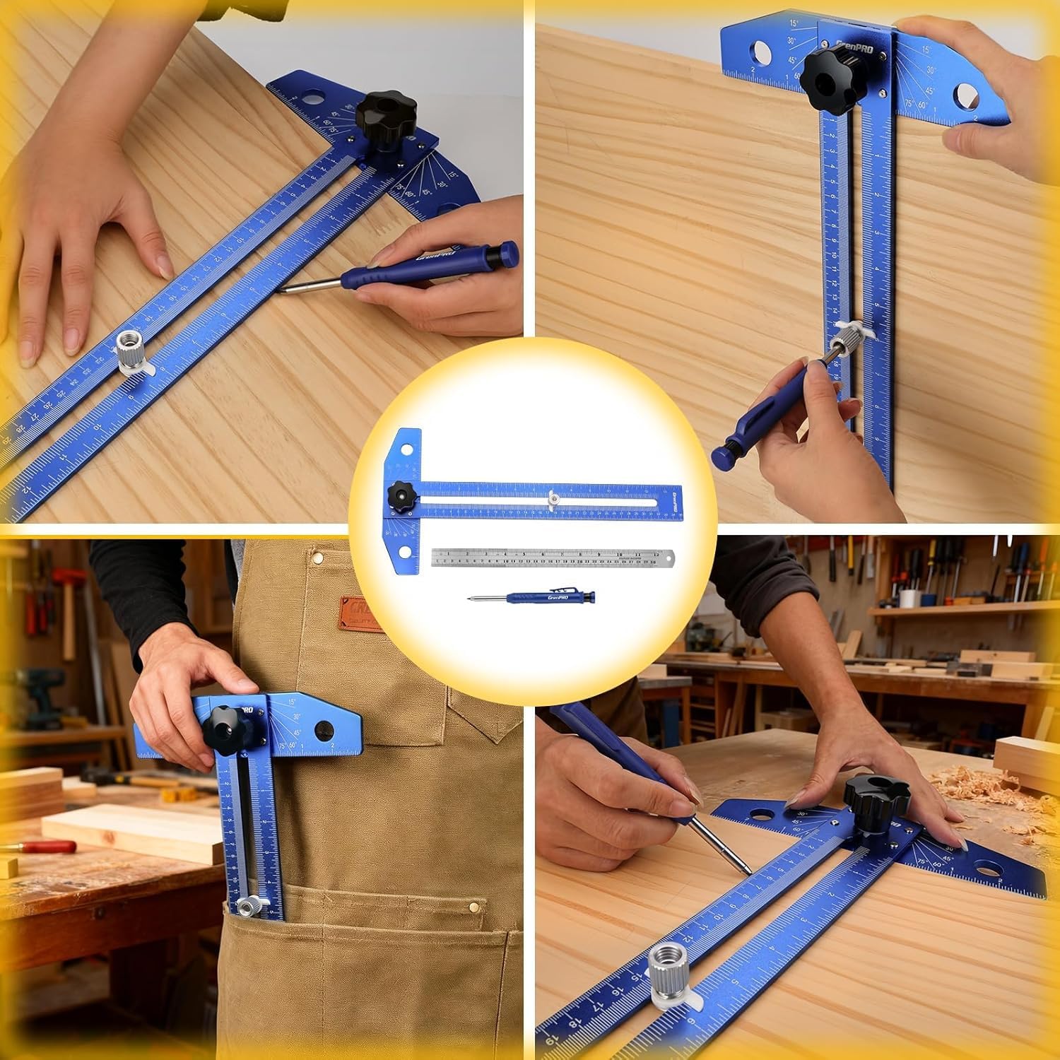 Speed Combination T-Square Woodworking Carpenter Angle Finder Ruler | Includes Carpenter Pencil & Steel Ruler