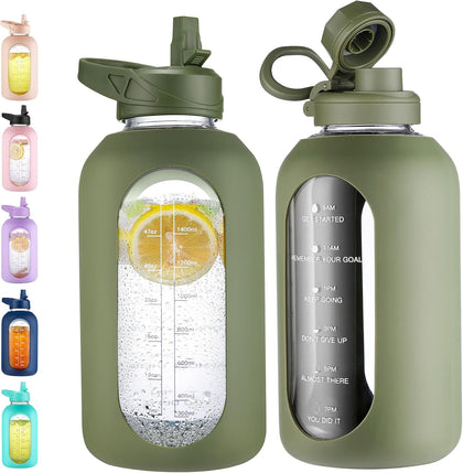 64 oz Glass Water Bottle with Straw, Half Gallon Large Water Jug | Motivational, Time Marker, Leakproof Lids, Wide