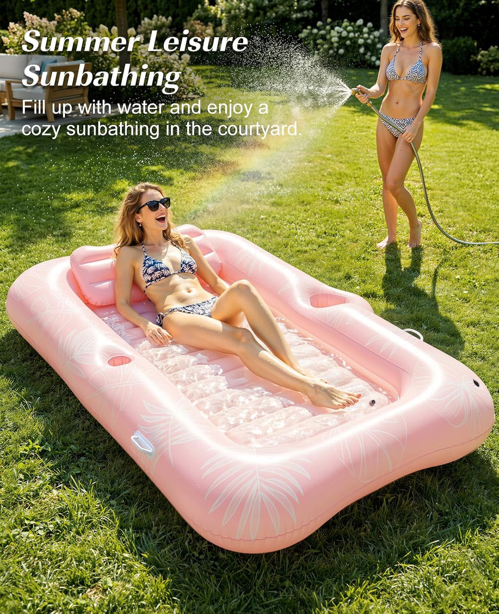 Inflatable Tanning Pool Lounger Float, Suntan Tub for Adults, Blow Up Sunbathing Pool with Integrated Pillow and Cup