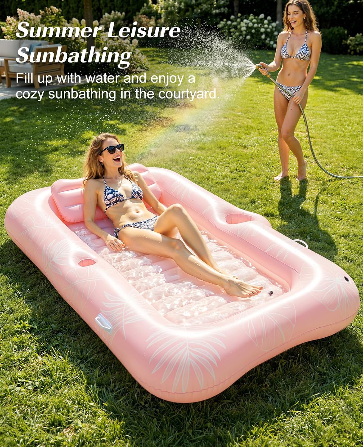 Inflatable Tanning Pool Lounger Float, Suntan Tub for Adults, Blow Up Sunbathing Pool with Integrated Pillow and Cup