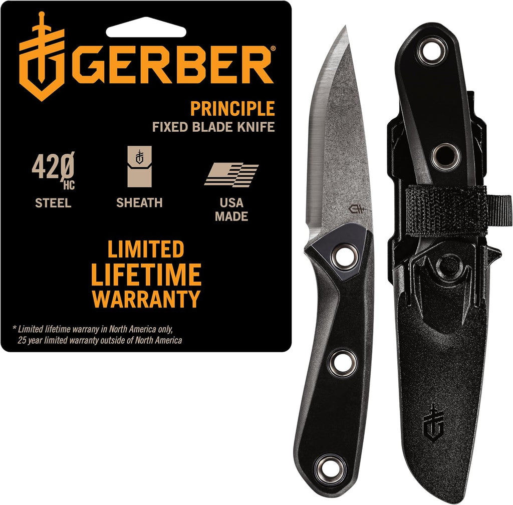 Principle - Fixed-Blade Survival Knife for Hunting, Camping & More - Features Firestriking Spine & Triple Mounting