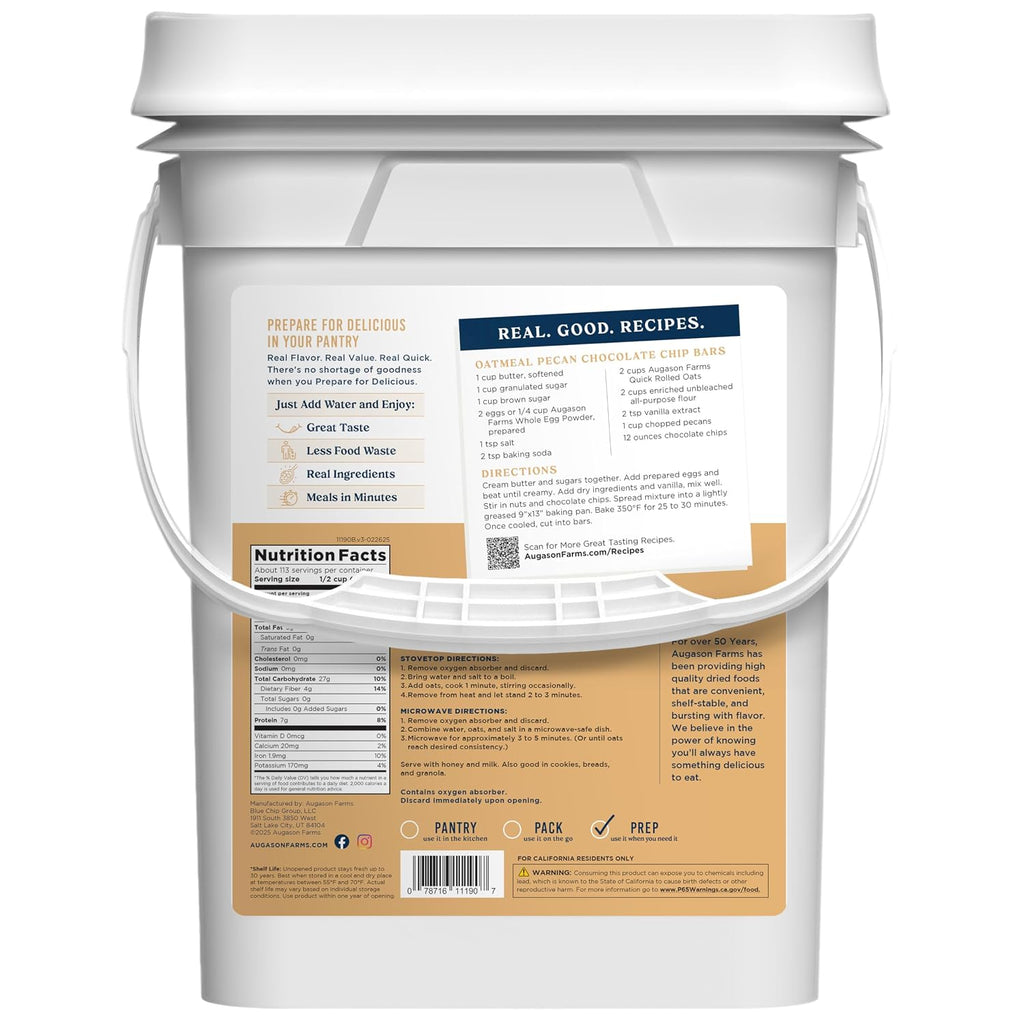 Quick Rolled Oats 4-Gallon Pail | Emergency Food Supply, Everyday Meals, 113 Servings